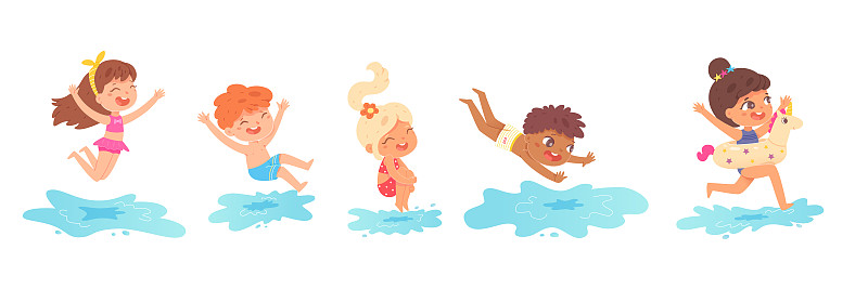 孩子们在夏季假期跳入水中。小男孩和女孩有有趣的矢量插图。孩子们在白色背景下的海边或游泳池度假图片素材