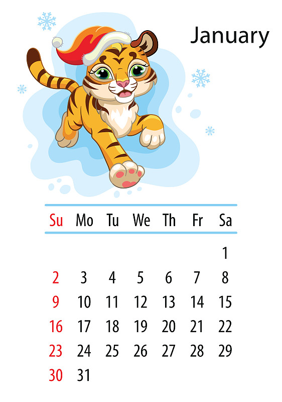 Tiger wall calendar design template for january 2022图片素材
