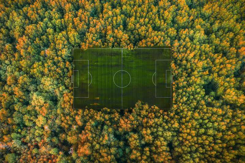 森林中的秘密足球场鸟瞰图图片下载