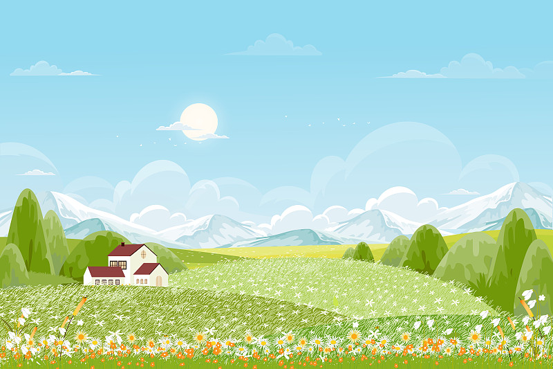 春天绿色的田野景观以山，蓝天和白云为背景，全景宁静的乡村自然在春天与绿色的草地。卡通矢量插图的春天和夏天旗帜图片下载