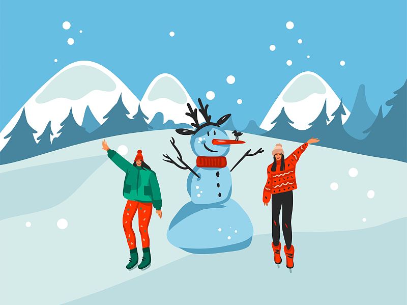 手绘矢量抽象股票图形圣诞快乐和新年快乐卡通，插图场景与快乐的人，雪人和圣诞树孤立在室外冬季的颜色背景。图片下载