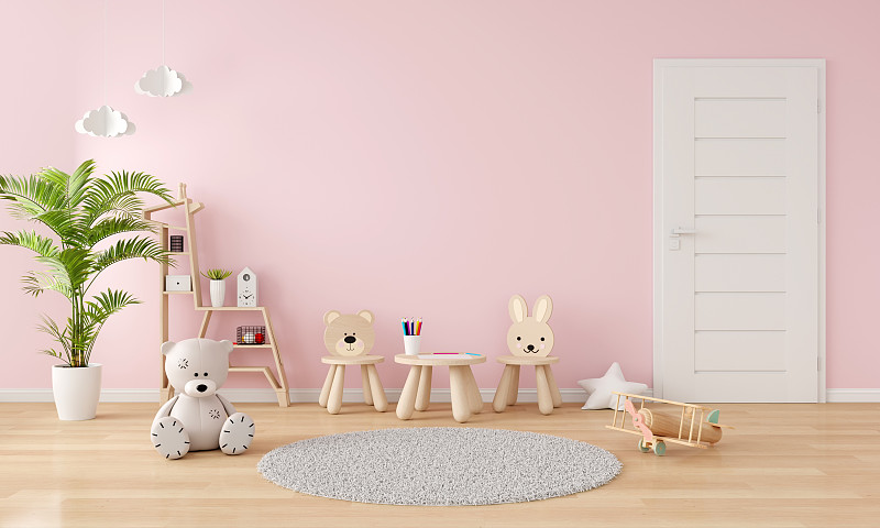 椅子和桌子在粉红色的儿童房室内与复制空间，3D渲染图片下载