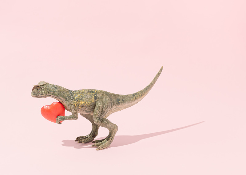用恐龙玩具抱着红心做成的创意爱情创意。最小的情人节的概念。亮粉色的背景。晴天的影子。图片下载