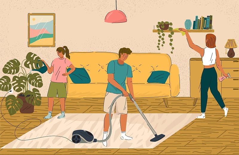 家庭清洁客厅。向量概念说明。丈夫，妻子和孩子一起打扫房间图片下载
