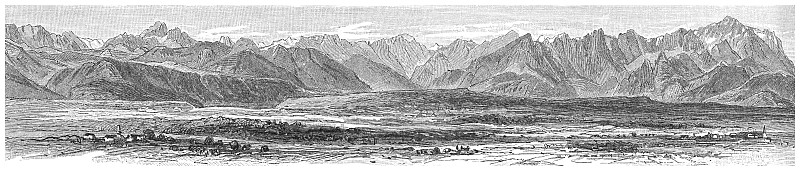 雕刻山体形成的插图(山脉)-链山脉-卡尔温德尔和维特斯坦在北石灰石阿尔卑斯山在奥地利联邦州蒂罗尔摄影图片