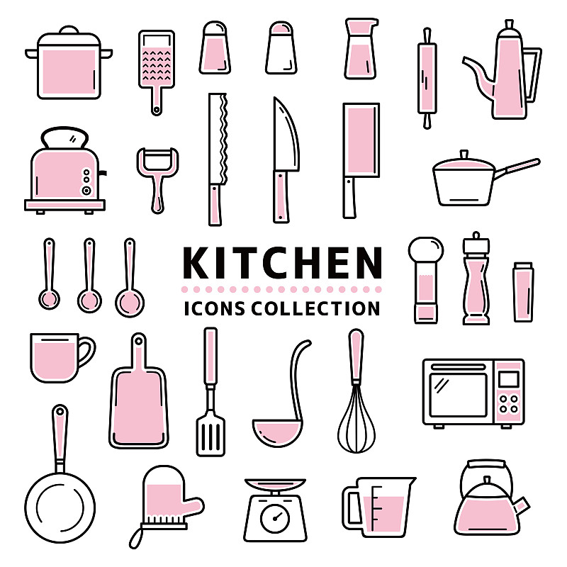 一个时尚的图标收集厨房用具。插画图片