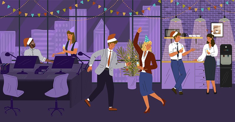 新年和圣诞派对在办公室的概念矢量插图。快乐的商务团队用舞蹈和香槟庆祝圣诞假期。戴着圣诞帽的办公室职员角色图片下载