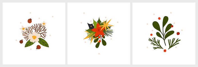 手绘矢量抽象图形圣诞快乐和新年快乐剪纸插图贺卡与鲜花和树叶。圣诞快乐可爱的花卉设计背景。寒假的艺术。图片下载
