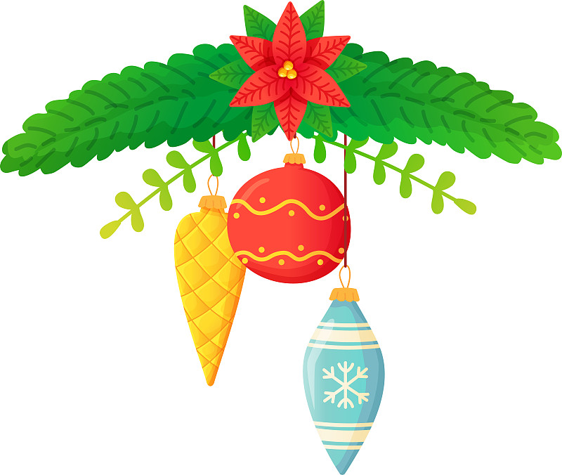 圣诞树树枝上装饰着华丽的球、弓和冬青。图片下载