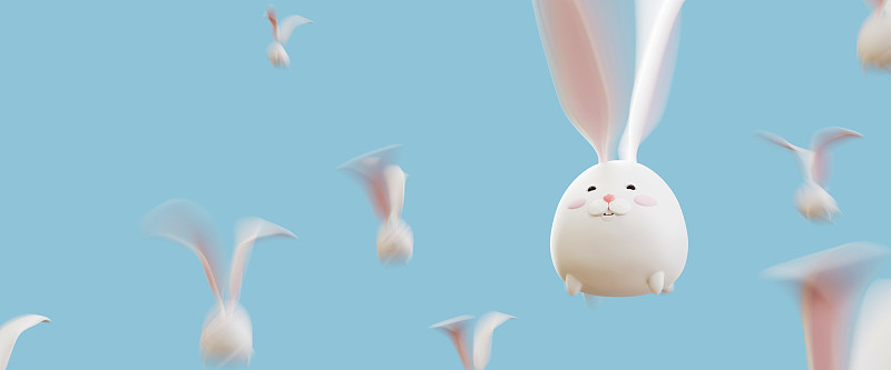 长着飞耳朵的可爱胖小白兔。使用运动模糊技术。用于横幅，广告牌。图片下载