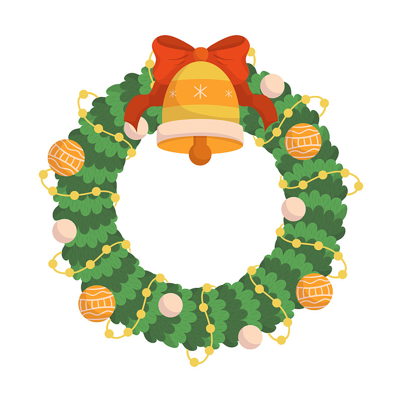 圣诞花环与铃铛和小玩意儿孤立在白色背景。传统的圣诞装饰云杉树枝图片下载