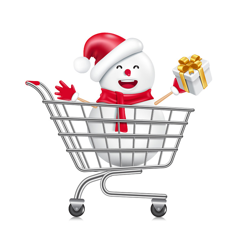 一个戴着圣诞帽的雪人站在购物车里，手里拿着一个白色的礼品盒图片下载