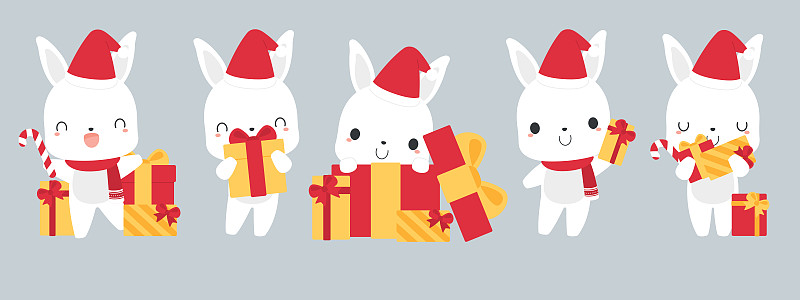 一套可爱的白色兔子卡通人物戴着圣诞老人的帽子，拿着礼盒。节日的圣诞假期概念。图片下载