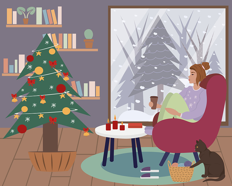 一个女人在圣诞树旁的插图图片下载