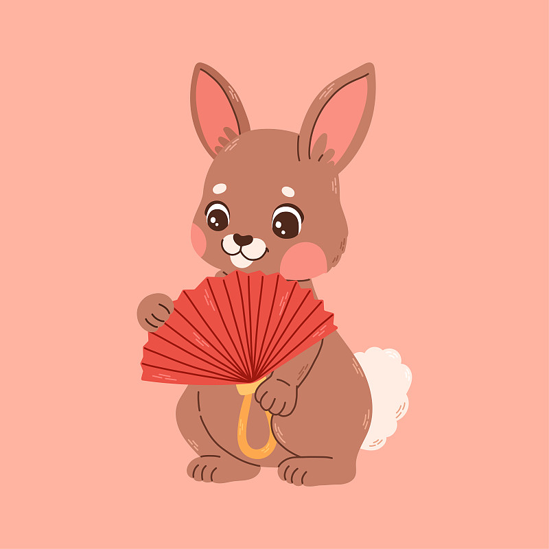 快乐的2023年春节贺卡，可爱的兔子配上红色和金色的扇子。2023 CNY卡。向量图片下载