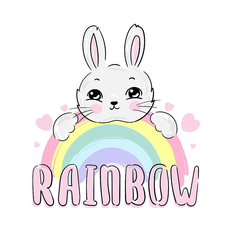 可爱的小兔子上彩虹卡通设计印刷，兔子矢量图片下载