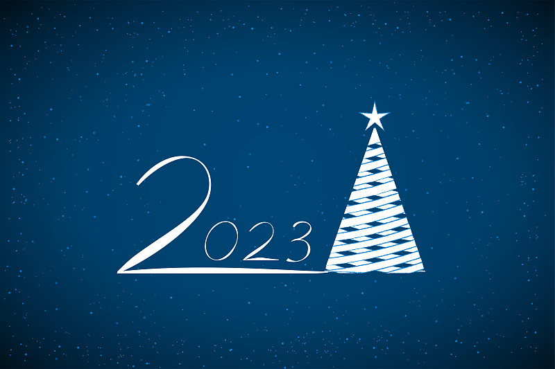 白色文字2023新年快乐和抽象三角形的创意圣诞树设计在深蓝的午夜横向节日发光闪闪的圣诞和新年背景贺卡，海报和横幅图片下载