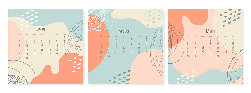 一套2023年日历模板由月份一月二月三月，日历封面概念，波西米亚风格的抽象插图。图片下载
