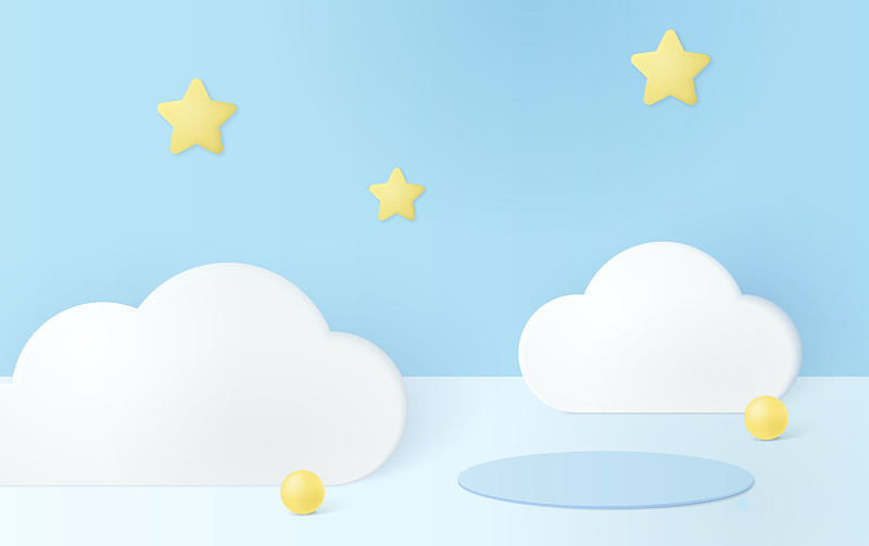 3D蓝天背景与星星，云和产品讲台。图片下载