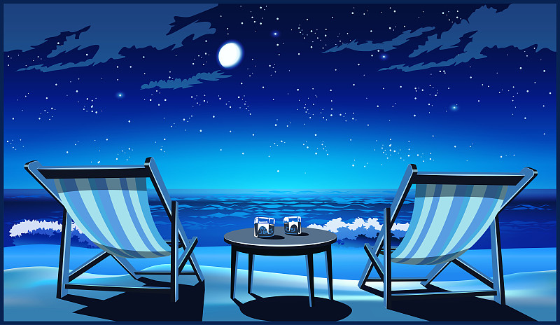 晚上在海滩上有两间躺椅图片下载
