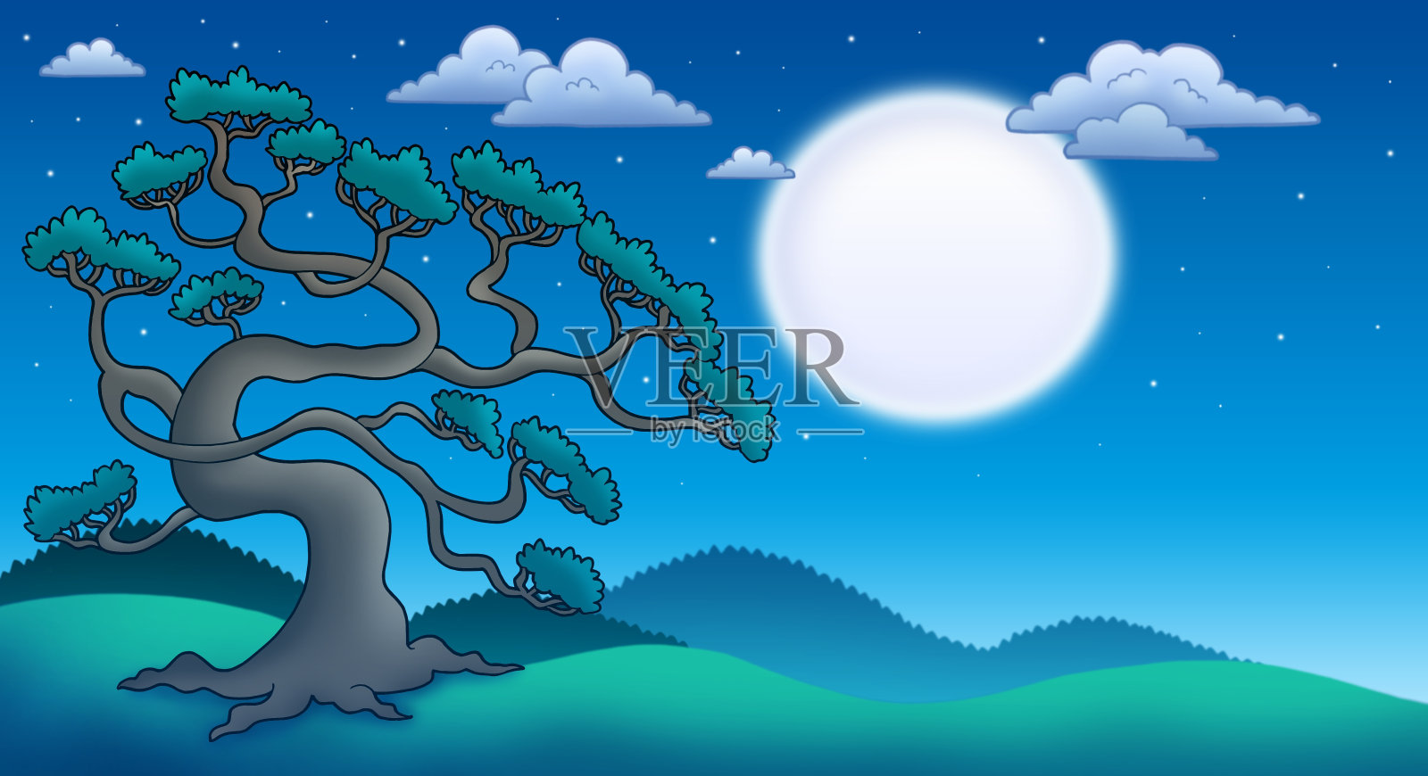 夜景与老松树插画图片素材