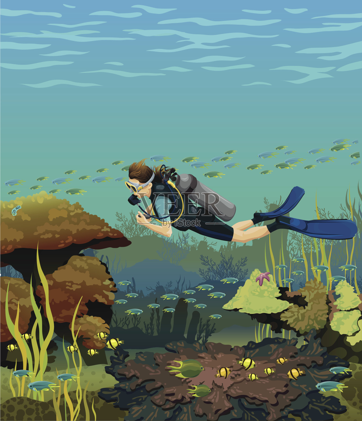 珊瑚礁和水肺潜水员插画图片素材