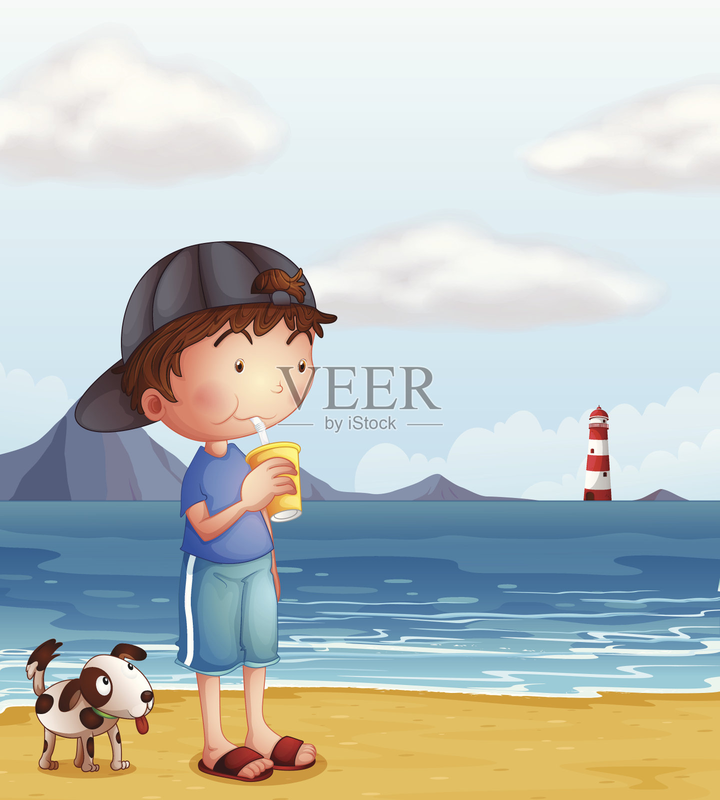 男孩和他的宠物在海滩上插画图片素材