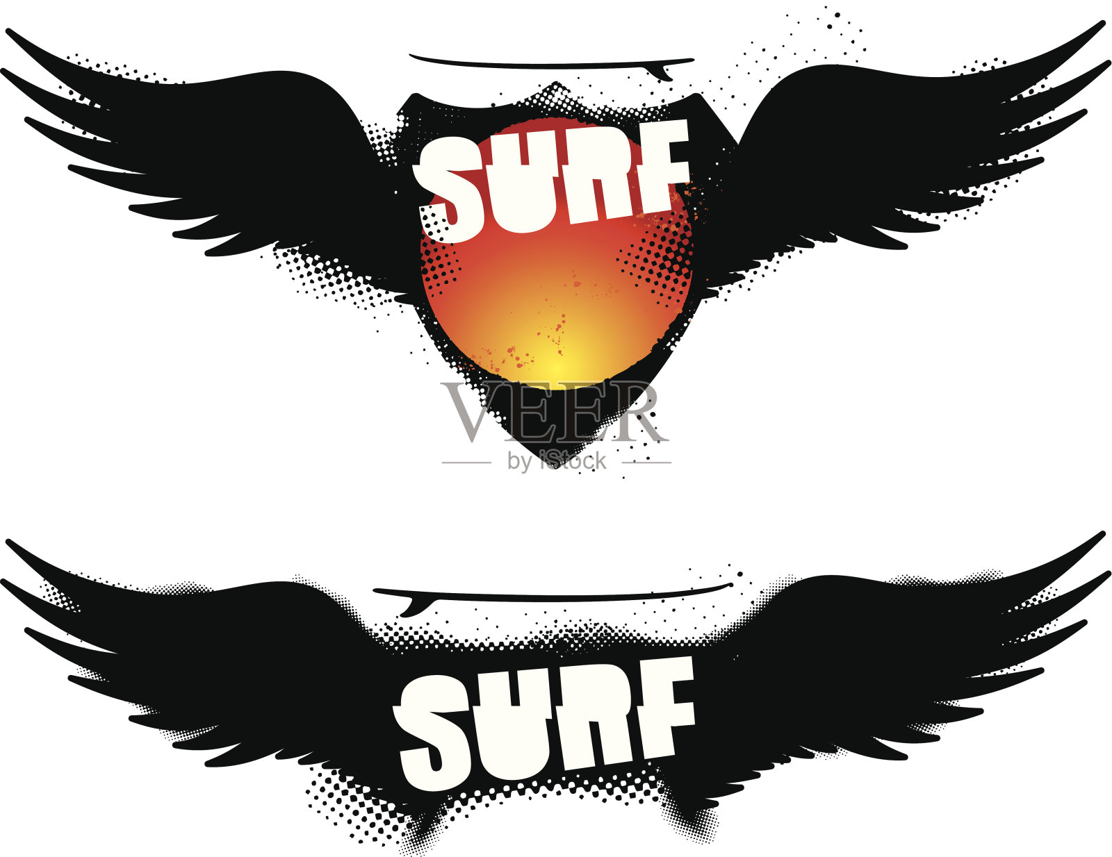 两个冲浪盾牌和垃圾摇滚翅膀插画图片素材
