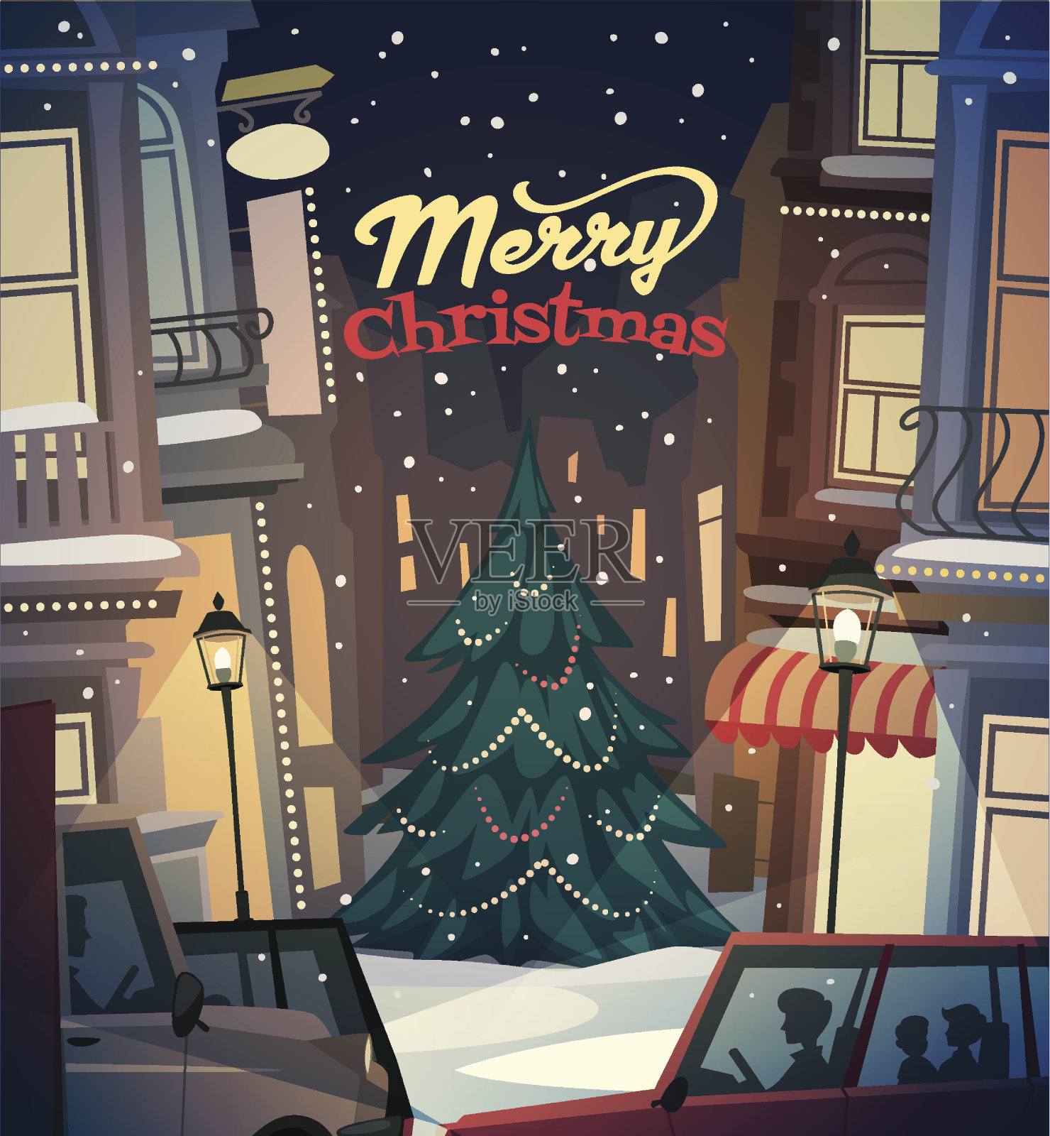 一个卡通圣诞树在城市插画图片素材