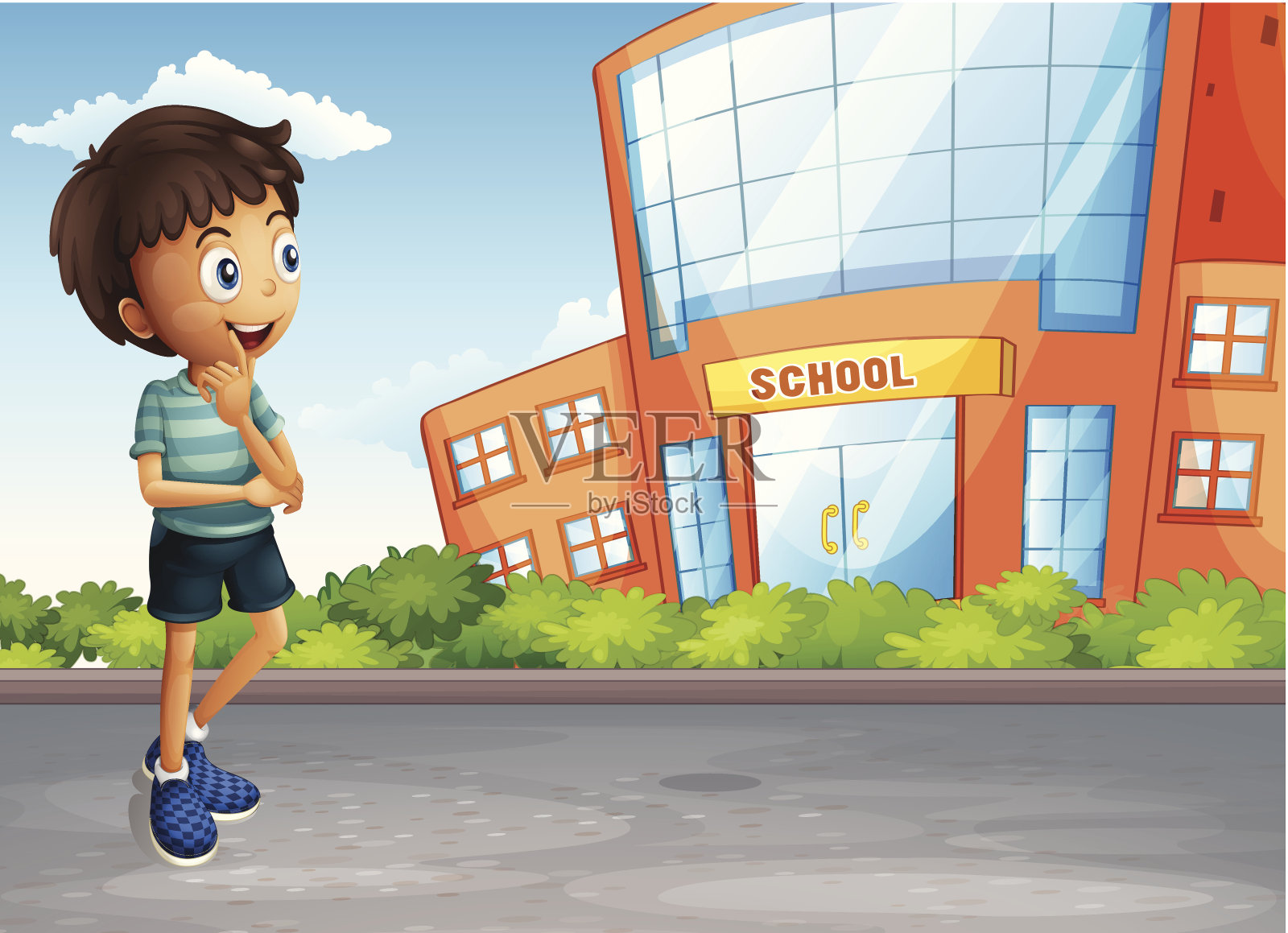 一个小男孩在学校对面的街道上插画图片素材