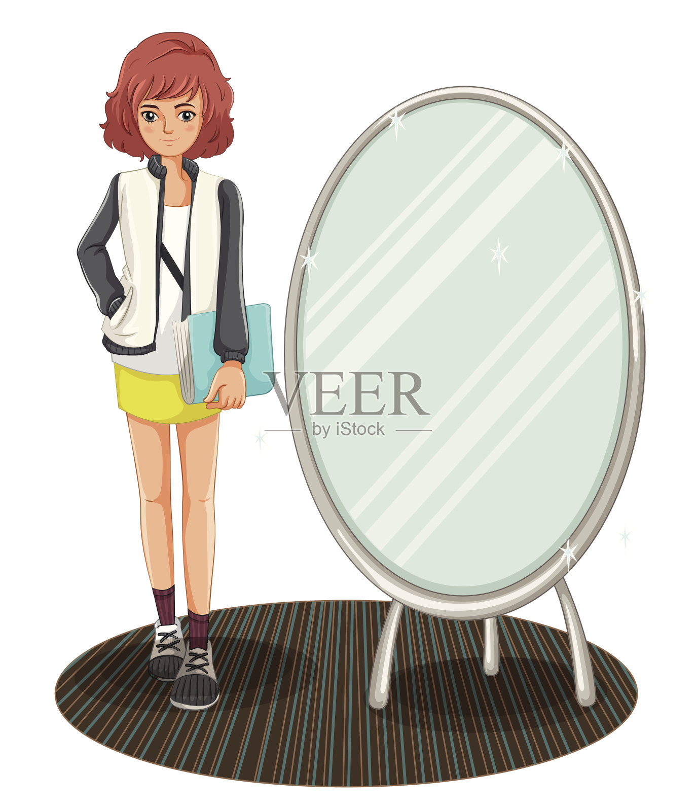 女生站在镜子旁边插画图片素材