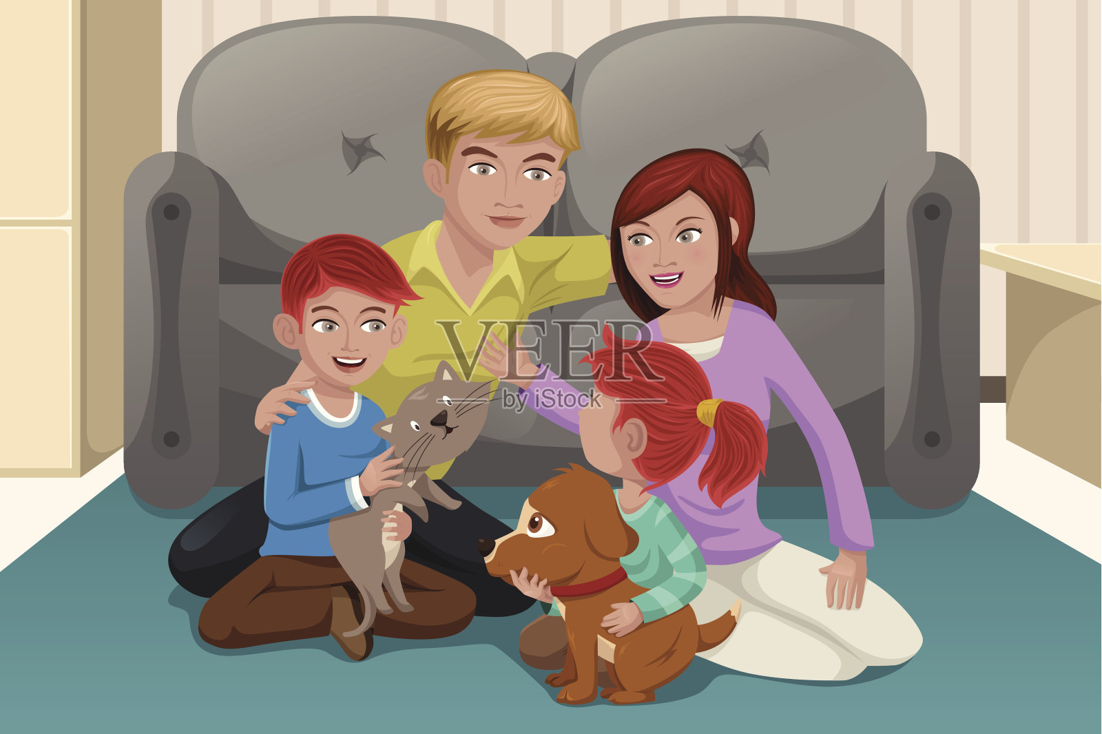 有宠物的幸福家庭插画图片素材