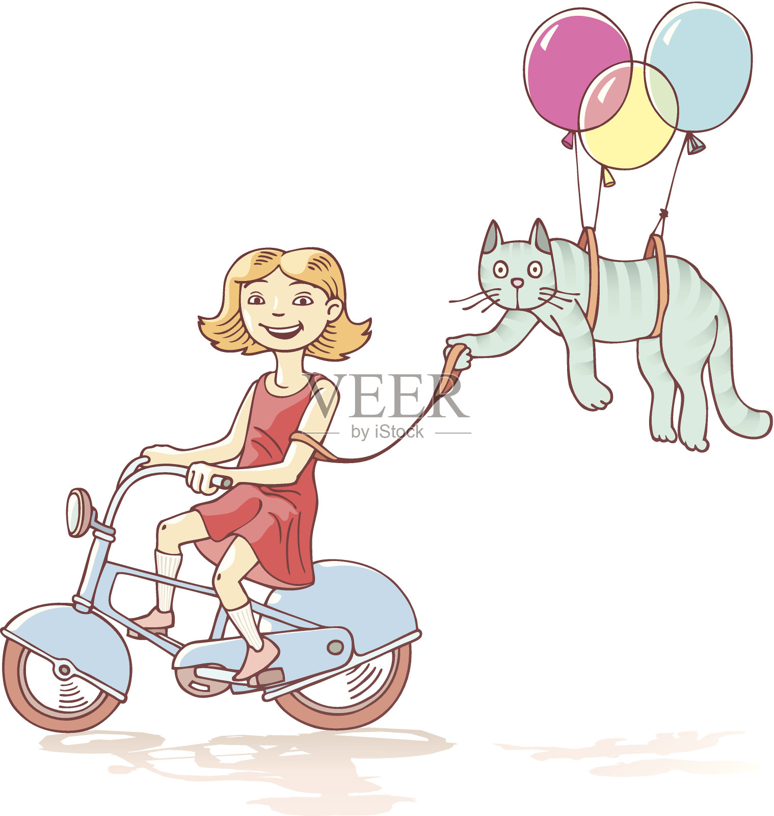 骑自行车的女孩和猫插画图片素材