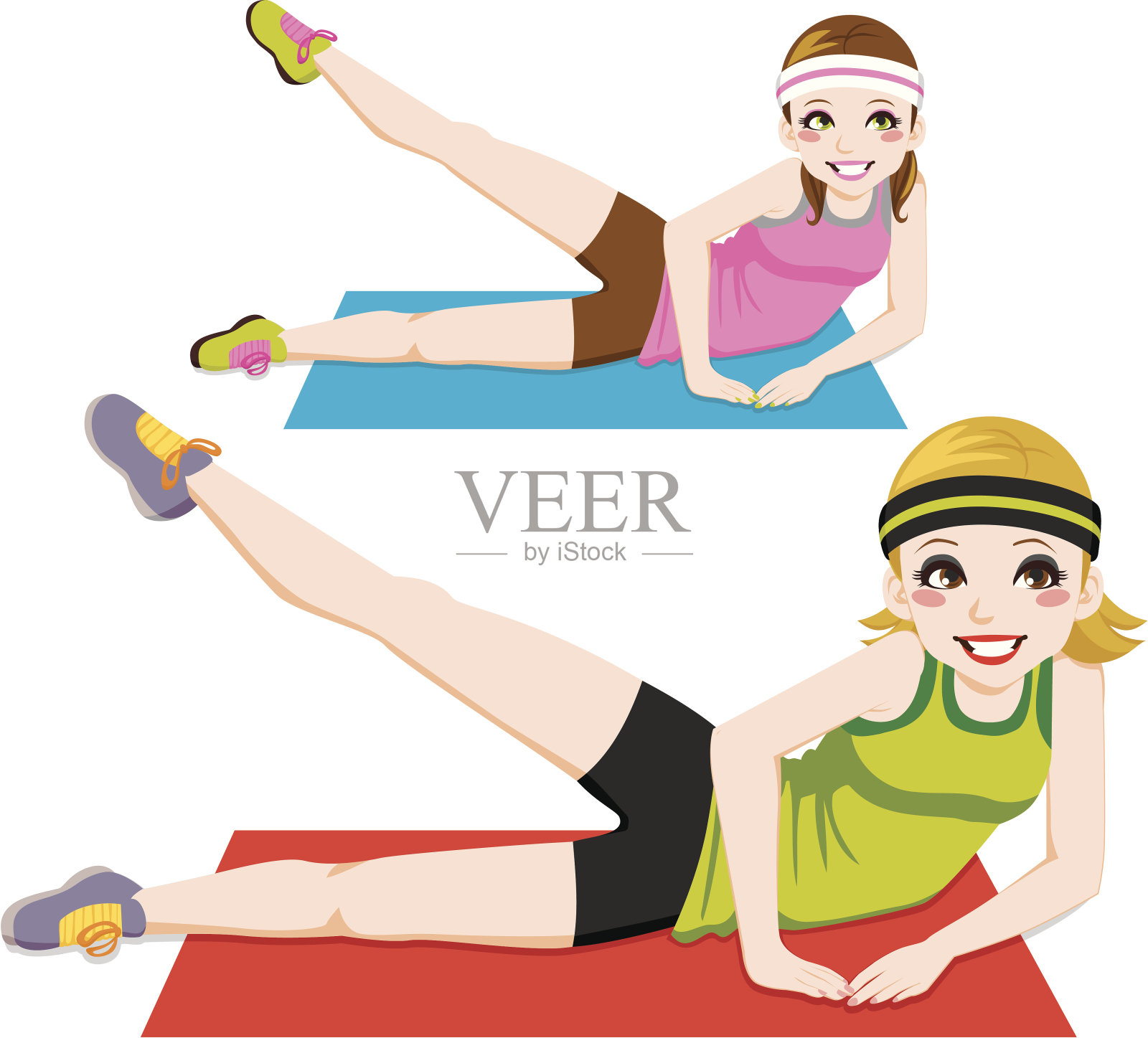 两个女人在体操垫上做有氧运动插画图片素材