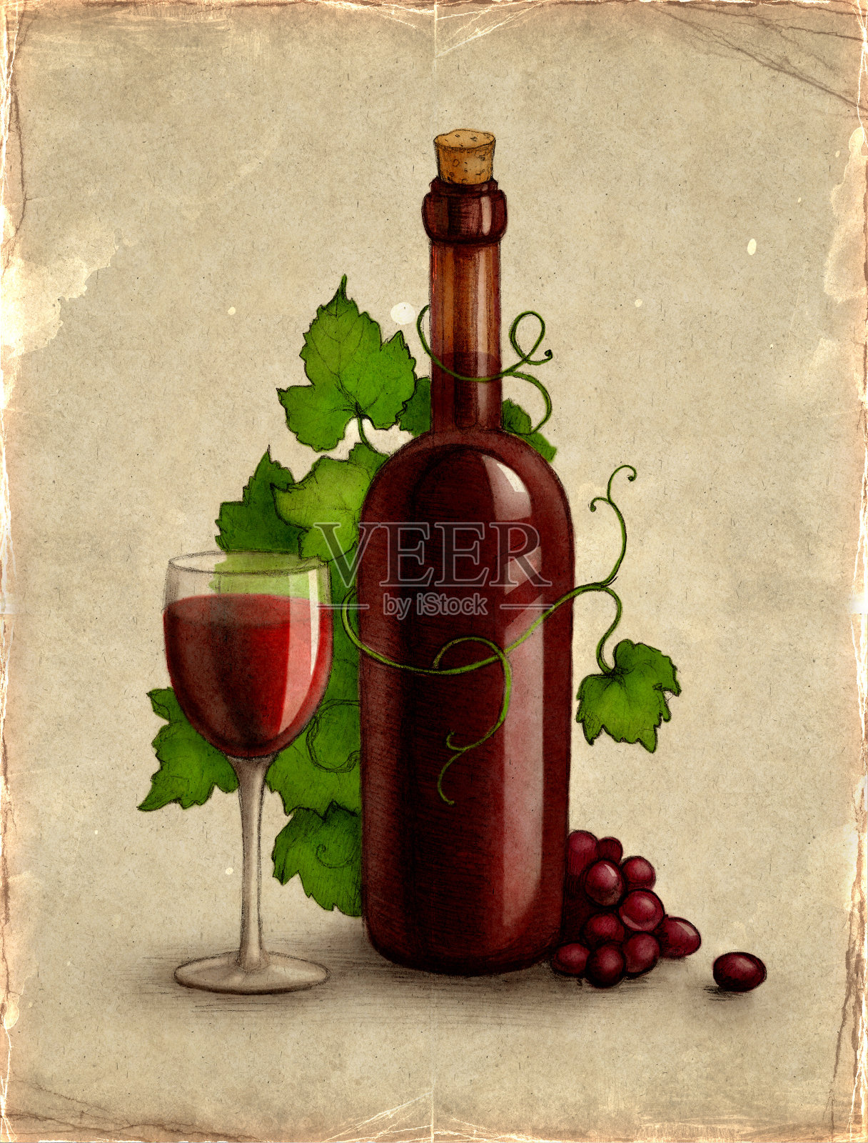 瓶子和玻璃杯都有葡萄酒插画图片素材