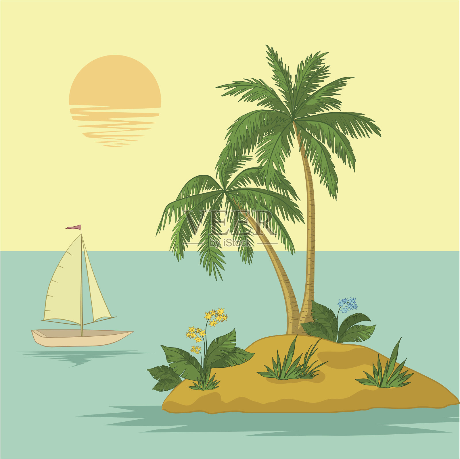 岛上有棕榈和船插画图片素材
