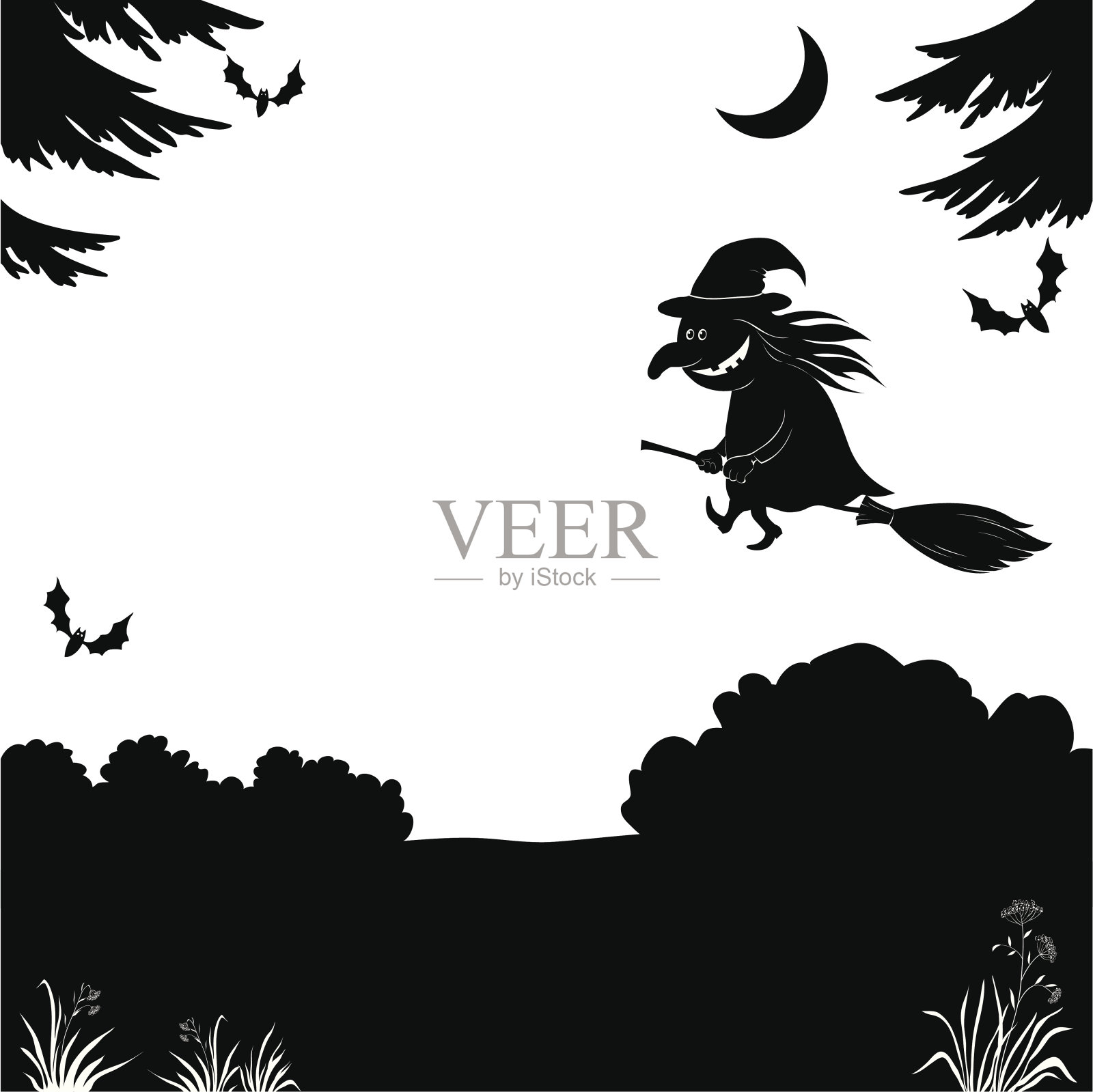 女巫飞过森林，剪影插画图片素材