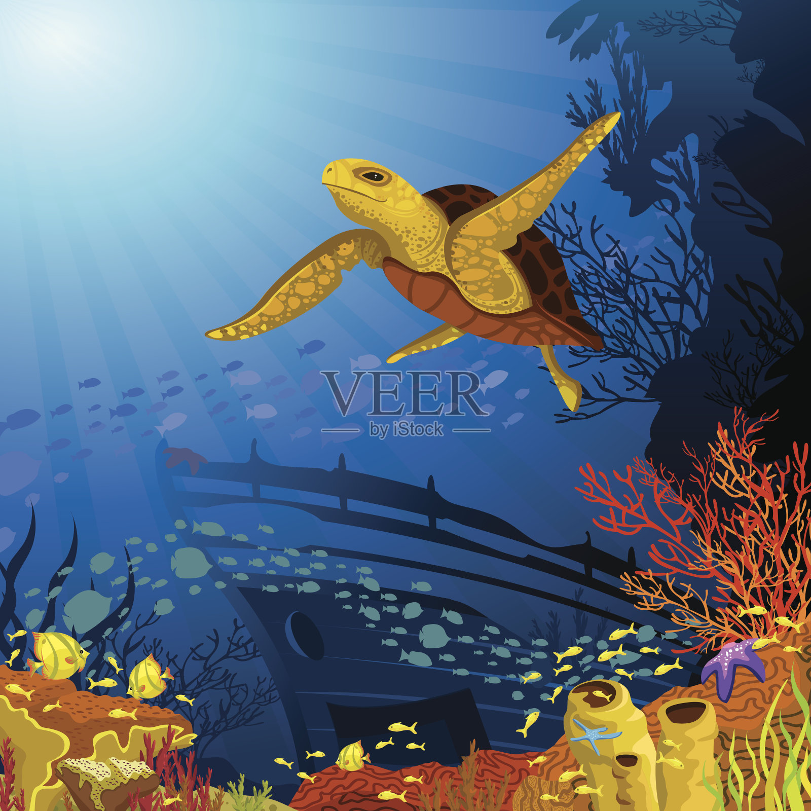 有黄色海龟的彩色珊瑚礁插画图片素材