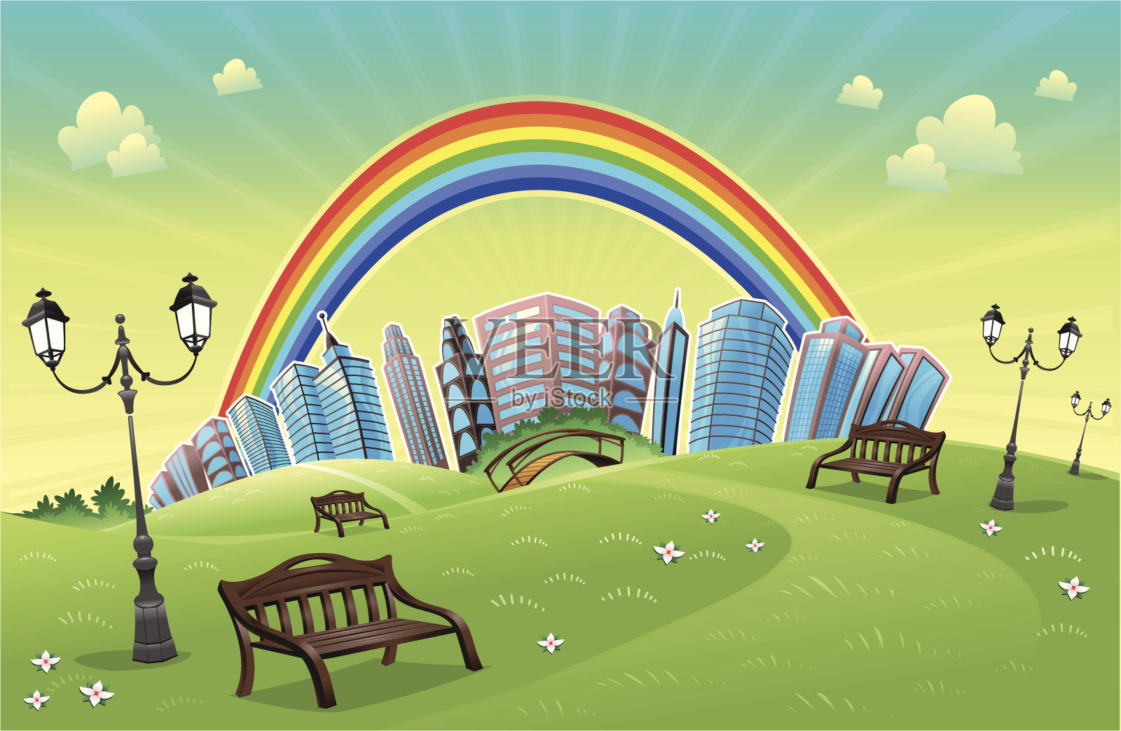 公园与彩虹。插画图片素材