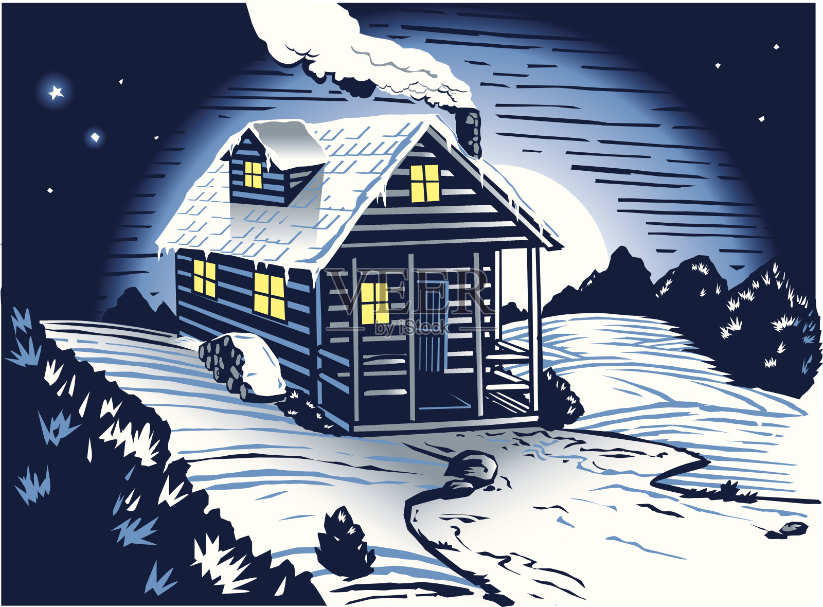 白雪皑皑的小屋插画图片素材