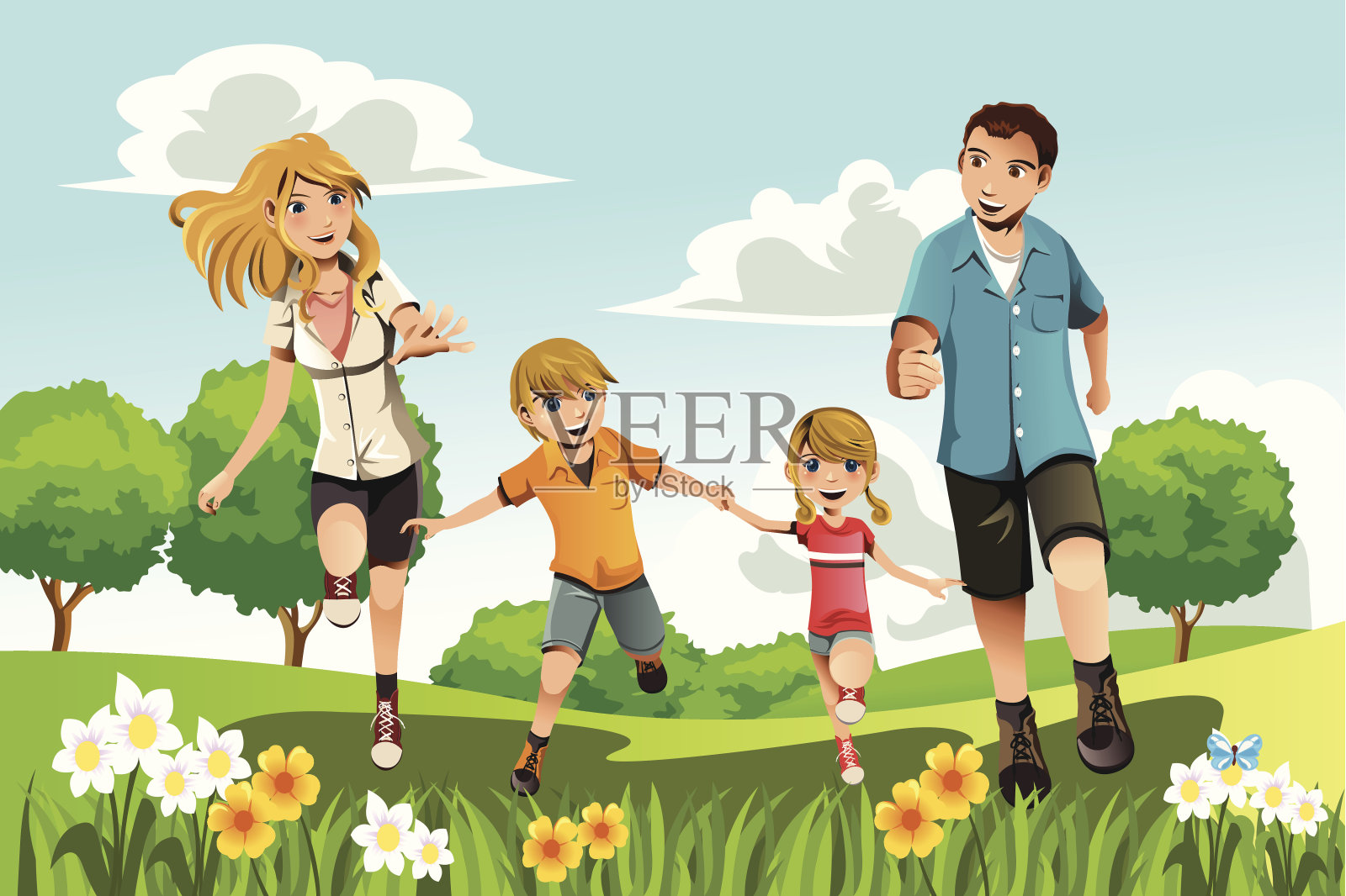 一个家庭在公园里跑步的插图插画图片素材
