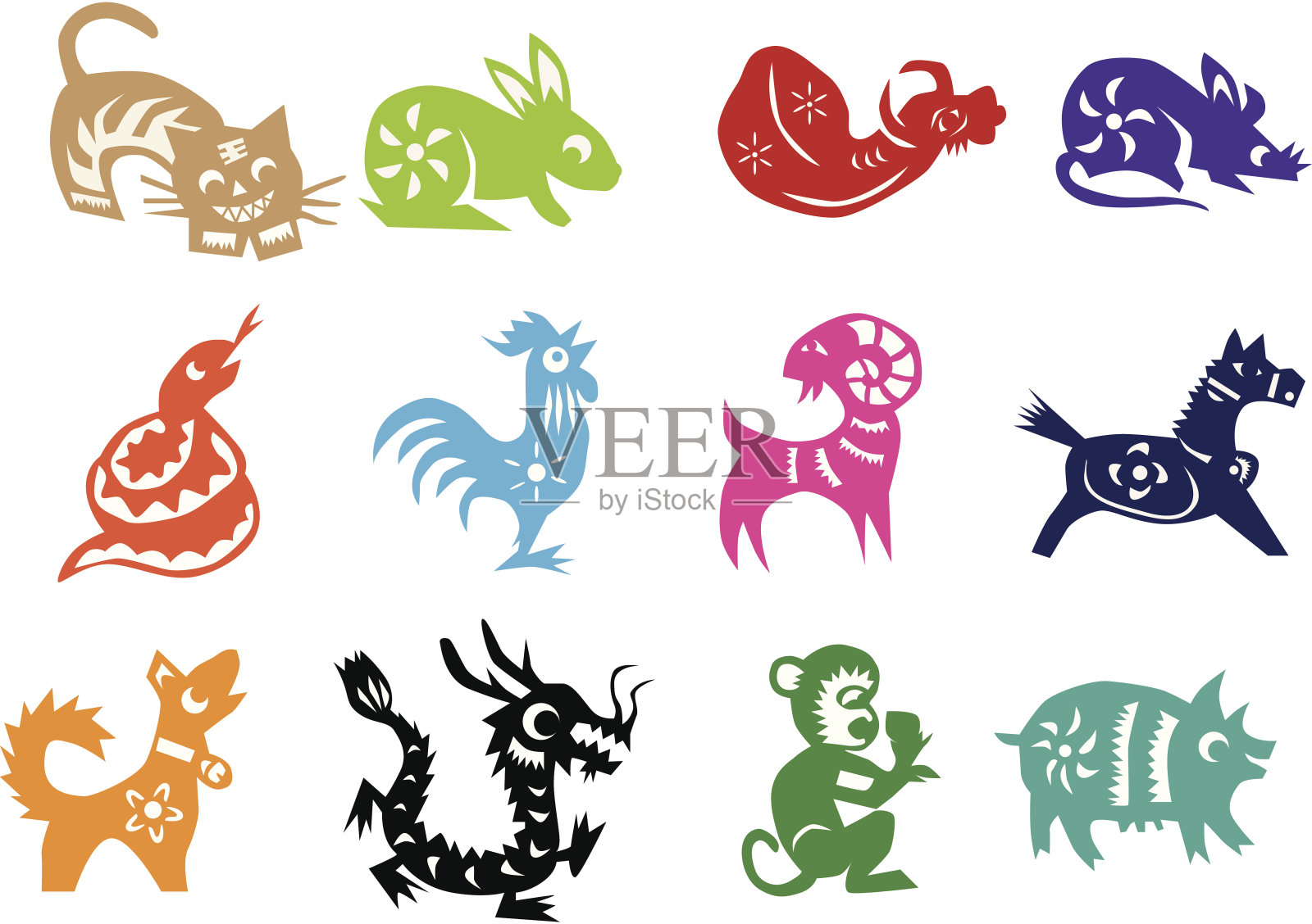 中国历法中的动物，每一种都有不同的颜色插画图片素材