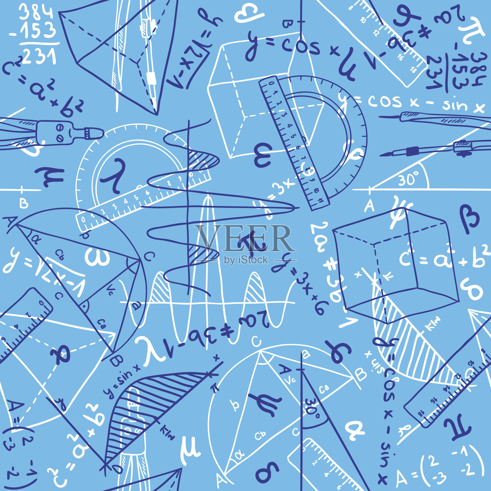 蓝色背景填满数学符号插画图片素材