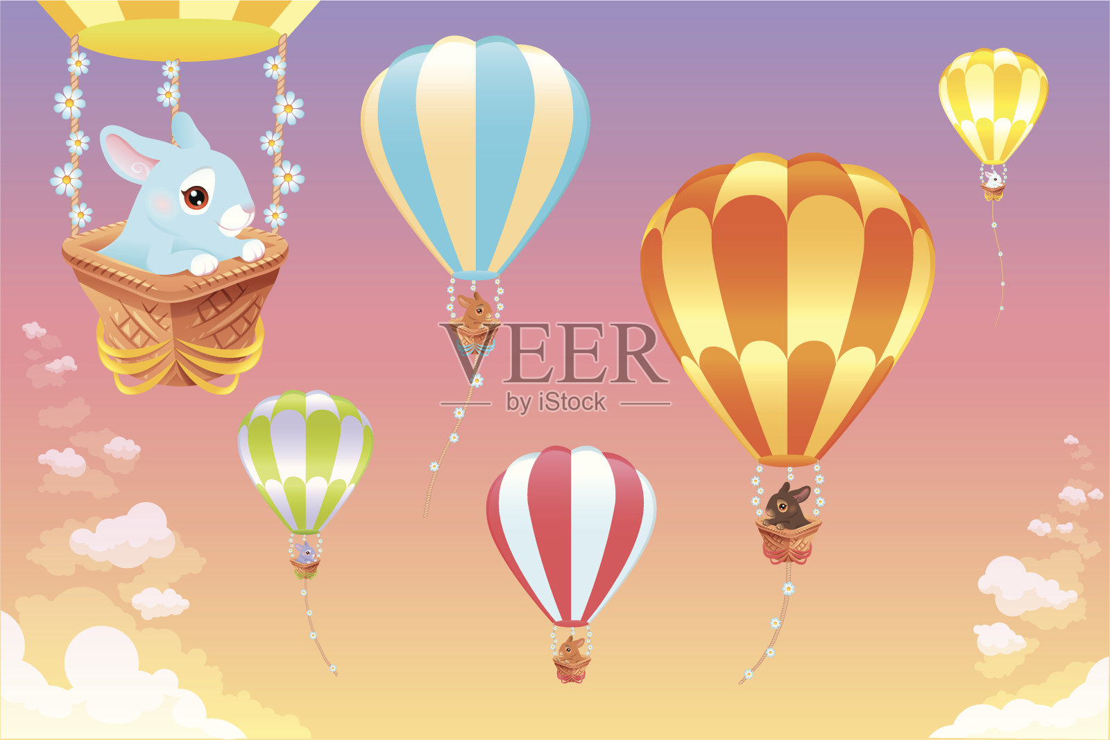 热气球和小兔子在天空中。插画图片素材