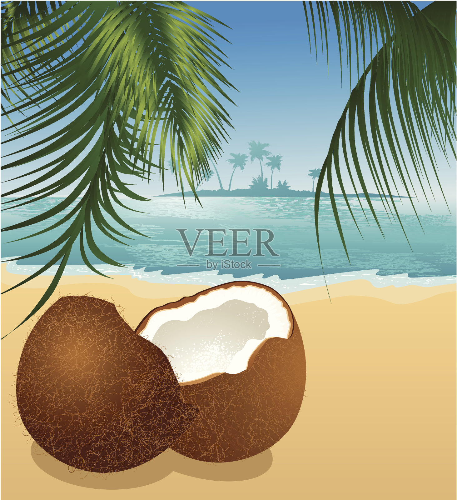 沙滩上棕榈树下的椰子插画图片素材