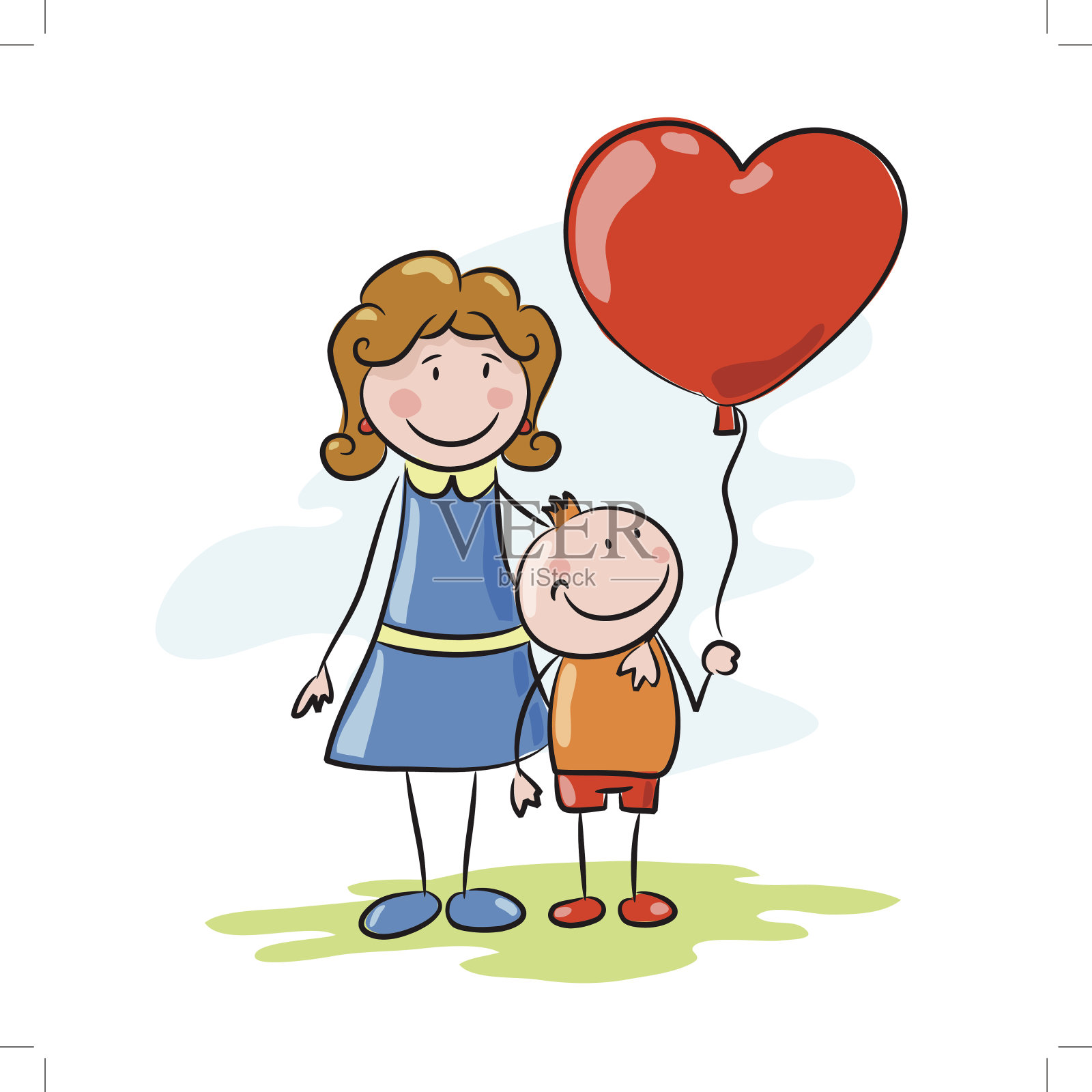 幸福的家庭在天空的背景。母亲和儿子插画图片素材