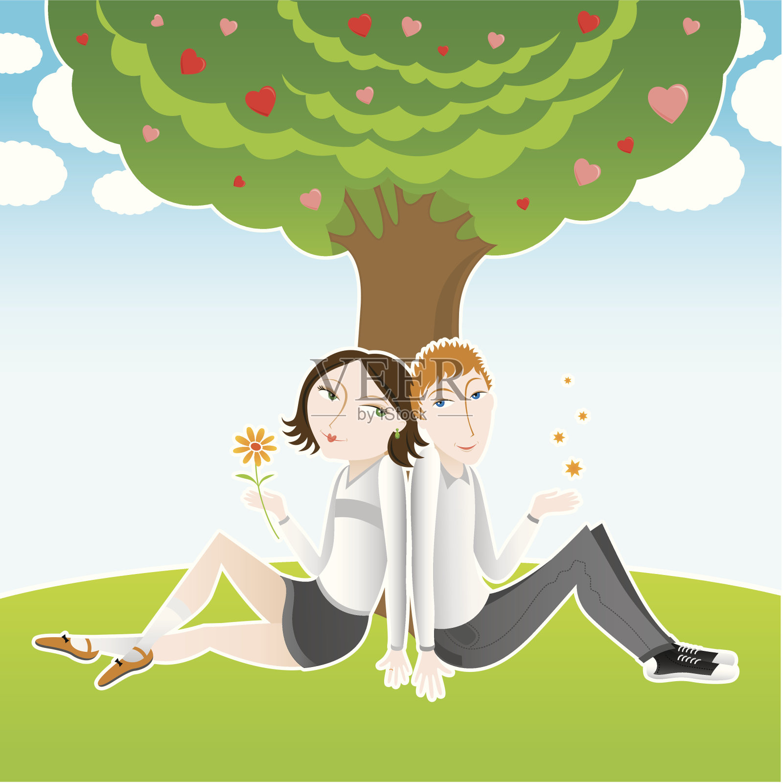 Сute树下的夫妇插画图片素材