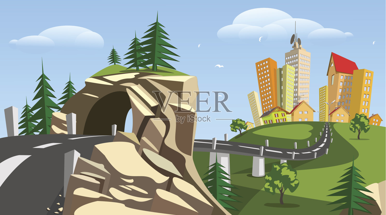向量城市和隧道-夏天插画图片素材