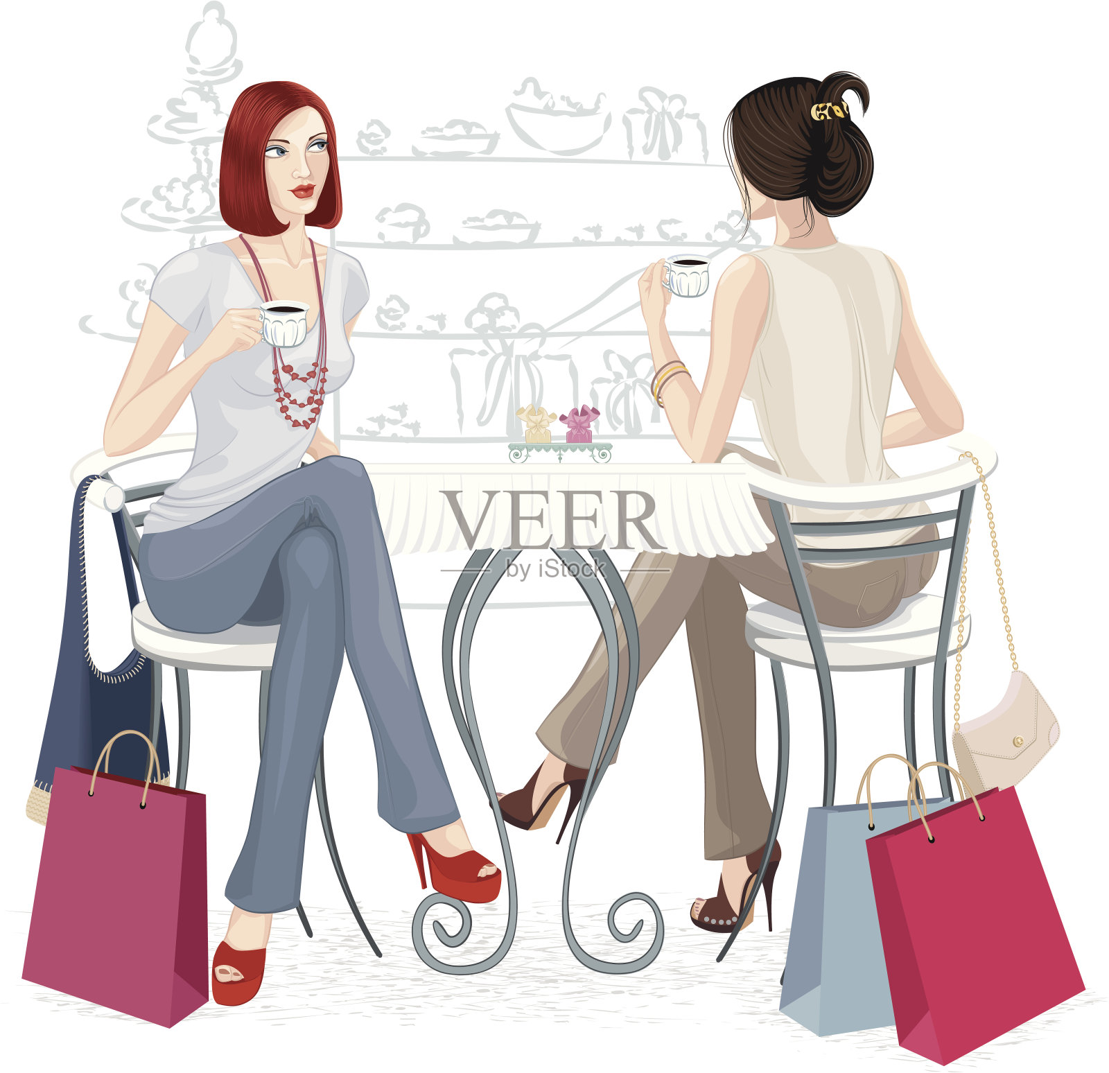 两个女孩在咖啡馆插画图片素材