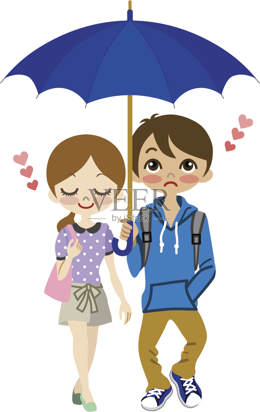 可爱情侣共撑一把伞插画图片素材